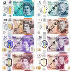 the british ten pound note is shown in four different colors and sizes, including one for each