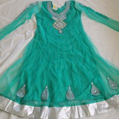 Brand New With Tag Green And Silver Anarkali/Salwaar Kameez Set. Detailed Long Sleeve Net Overlay Adorned With Rhinestones Size Small Indian India Saree Bollywood Churidar Lehenga Saree Bollywood, Green And Silver, Churidar, Anarkali, Lehenga, Saree, India, Brand New, Long Sleeve