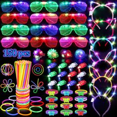 various flashing glasses and bracelets are shown