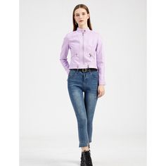 Light Purple Pu Stand Collar Short Leather Jacket Spring Leather Jacket With Zipper For Office, Spring Office Leather Jacket With Zipper, Spring Leather Jacket For Office, Trendy Spring Blazer With Zipper Closure, Short Leather Jacket, Spring And Autumn, Light Purple, Stand Collar, Winter Jackets