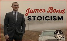 a man in a suit and tie standing next to a car with the words james bond stoicism on it