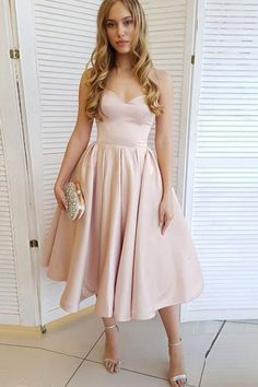 Short Champagne Dress, Tea Length Homecoming Dresses, Pale Pink Weddings, Gaun Koktail, Sweetheart Homecoming Dress, Midi Wedding Dress, Vestidos Color Rosa, Cheap Homecoming Dresses, 파티 드레스