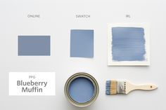 blueberry muffin paint swatches and brush on white background with text overlay