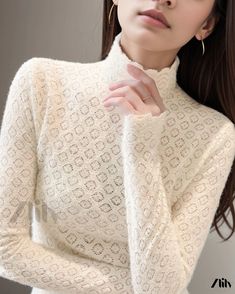 Zlily - Stylish Plush Lace Top – Slim Fit, Short High Neck Long Sleeve Base Shirt Elegant Pointelle Knit Fall Tops, Elegant Pointelle Knit Tops For Fall, Beige Pointelle Knit Tops For Winter, Elegant White Turtleneck Knit Top, Chic Turtleneck Pointelle Knit Top, Chic Winter Pointelle Knit Tops, Cream Turtleneck Spring Tops, Cream Turtleneck Tops For Spring, White High Neck Tops For Fall