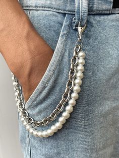 "10MM Pearl Pant Chain for Men, Stainless Steel Metal Strap, Mixed Heavy Duty Cuban Chain, Tarnish Free, Gift for Brother, Son, Boyfriend. Single Chain or 2 layers chain options.  Material: Faux Pearl-High Quality Hard Plastic, Stainless Steel (not cheaper alloy or brass), which is tarnish free, no color change and waterproof. The chain is using the same quality steel as for necklace, Bracelet or body jewelry.  *Pearl Color: White, Creamy *Pearl size:10mm *Metal chain: 7mm *Chain Length: measure Pants Chain Men, Outfits With Chains Men, Men’s Pearls, Mens Streetwear Jewelry, Men In Pearls, Chain Outfit Men, Mens Metal Fashion, Necklace Men Diy, Pearl Jewelry For Men