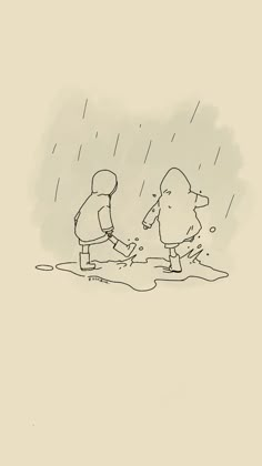 a drawing of two people walking in the rain