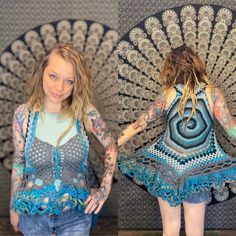 "This cute spiral lace up vest is made from soft cotton yarn. Because this vest laces up in the front the size is somewhat adjustable but it would fit a woman size medium best. The vest measures about 32\" around the bust. It measures about 35\" from top to bottom.  The back measures about 16\" across. The arm holes are about 24\"around.  The ruffle bottom is feminine bouncy and fun The lace up front is nice and form fitting. This is a fun piece to dance in! As with all of my listings this vest Crochet Rave, Lace Up Vest, Crocheted Clothing, Boho Poncho, Boho Cardigan, Flower Choker, Yarn Sizes, Pink Boho, Crochet Clothes