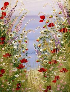 an oil painting of red and white flowers in the grass with water in the background