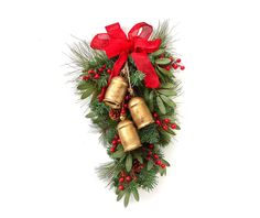 a christmas wreath with bells and greenery on it, tied with red ribbon against a white background