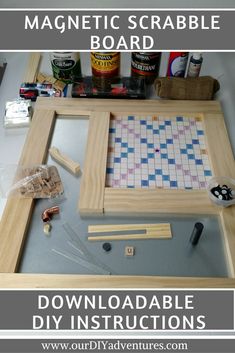 the magnetic scrabble board is being made with wood, glue and other items