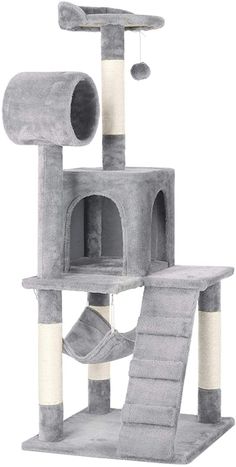 the cat tree is grey and has two large scratchings on it's sides