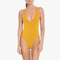 Crossback Plunge Neckline One Piece Swimsuit With Gold Metal Accents Removable Cups Adjustable Ties Supportive With Moderate Coverage Style: 191717 Description Plunge One Piece Swimsuit Features Metallic Barbell Accents At Cutout Straps With Adjustable X-Back Ties. Yellow Lined Bodysuit For Vacation, Party Swimwear With Lined Body In Yellow, Yellow Lined Bodysuit For Beach Season, Yellow Poolside Bodysuit With Lined Body, Yellow Bodysuit With Lined Body For Poolside, Yellow Lined Bodysuit For Poolside, Yellow Lined Bodysuit For Beach, Yellow Fitted V-neck Bodysuit, Yellow Backless Swimwear For Party