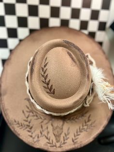 This is by far the most complex free handed hat burning I have done! It turned out AMAZING, and it's such a fun hat! It is one size but is adjustable! Hat Burning, Long Horn, Fun Hat, I Have Done, Cool Hats, Wide Brimmed Hats, Brim Hat, Wide Brimmed, Horn