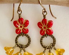 Sunflower Yellow Earrings, Picasso Czech Glass Flowers, Yellow and Red Flowers, Copper Birds, Flower Earrings, Bird Earrings, Nature, Boho - Etsy Vintage Red Copper Earrings, Red Bohemian Soldered Earrings, Bohemian Red Soldered Earrings, Yellow Bohemian Nickel-free Flower Earrings, Vintage Czech Glass Flower Earrings For Gift, Vintage Czech Glass Flower Earrings Gift, Handmade Bronze Flower Earrings For Gift, Red Bohemian Jewelry With Flower Charm, Vintage Gold Flower Earrings With Czech Glass