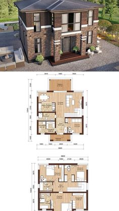 two story house plans with floor plans and measurements for each room in the house,