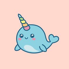 a cartoon narwhale with a unicorn horn on its head, sitting in front of a pink background