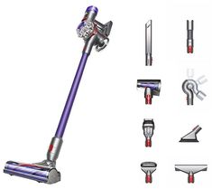 several different types of vacuums and attachments on a white background, including one with a purple handle