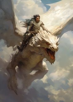 a man riding on the back of a white dragon in the sky with clouds behind him