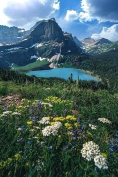 a lake surrounded by mountains and wildflowers under a cloudy blue sky with clouds