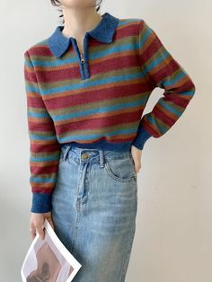 Cropped knitted sweater with a zip-up polo collar and cozy autumnal multicolored stripes. S/M: 15" across shoulders, 37" chest, 17" length Cropped Knitted Sweater, Polo Sweater, Overall Dress, Sweater Blouse, Polo Collar, Cardigan Jacket, Knitted Sweater, Blue Sweaters, Zip Up