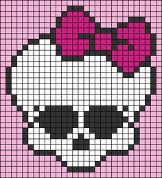 a cross stitch pattern with a skull wearing a pink bow