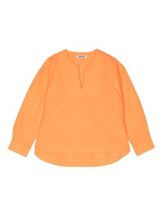 tangerine orange organic cotton notch collar long sleeves curved hem Tangerine Orange, Organic Materials, Notch Collar, Cotton Blouses, Tunic Tops, Organic Cotton, Girl Outfits, Long Sleeves, Top Outfits