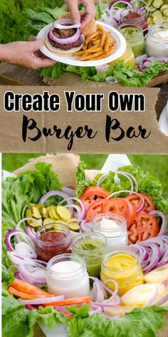 Two images of someone building a burger, and then burger toppings in basket on bottom of image. Bbq For Party, Slider Bar Ideas Mini Burgers, 30th Birthday Barbeque, Family Bbq Decorations Backyards, Outdoor Bbq Food Ideas, Hamburger Cookout Ideas, Outdoor Burger Bar Party Ideas, Hamburger Party Ideas Summer Burger Bar, Hamburger Station Burger Bar