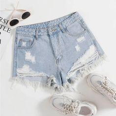 Shein Jean Shorts Size Xxs(0) Never Worn Brand New Shein Shorts, Ripped Jean Shorts, Ripped Denim Shorts, Destroyed Jeans, Blue Jean Shorts, Cute Jeans, Ripped Denim, Really Cute Outfits, Cute Shorts