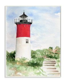 a watercolor painting of a red and white lighthouse with steps leading up to it