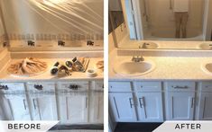 before and after pictures of a bathroom remodel with white cabinets, counter tops and sinks