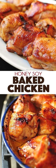 honey soy baked chicken on a plate with text overlay that reads honey soy baked chicken