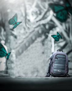 a backpack sitting on the ground with green butterflies flying around it