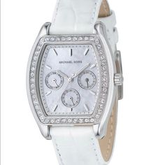 Mk Rare White Pearl Genuine Leather Watch. Beautiful To Wear Casual But With Elegance Due To The Rhinestones. Used Once.. Bundle For Discounts Luxury White Leather Jewelry, Elegant Michael Kors Diamond Watch, Michael Kors Elegant Diamond Watch, Elegant Michael Kors Diamond Watch With Diamond Hour Markers, Designer White Leather Watches, Designer White Diamond Watch With Diamond Hour Markers, White Pearl, White Silver, Pearl White