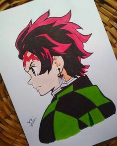 a drawing of an anime character with red hair and green shirt, next to a wicker basket