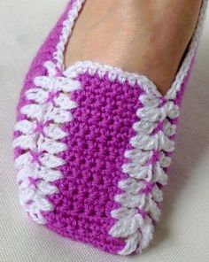 crocheted slippers with white and purple stripes