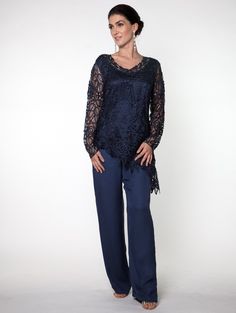 Soulmates C805803 Asymmetrical Hand Crocheted Silk Lace Tunic Top with Pants Set A V-neck chic lace trim and unlined long sleeves, this beaded asymmetrical tunic matching with solid pant is perfect to pack for vacation and cruise. Tops: Silk Pants: Polyester Blend Hand-made Fully-lined Dry Clean Imported Pack For Vacation, Godet Dress, Cruise Dress, Lace Tunic Tops, Long Sleeve Evening Gowns, Mother Of The Bride Gown, Destination Wedding Dress, Mother Wedding Dress, Mob Dresses