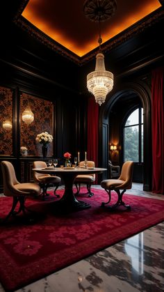 an elegant dining room with chandelier and red carpeted area rugs on the floor