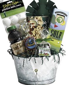 the golf gift basket is in a bucket