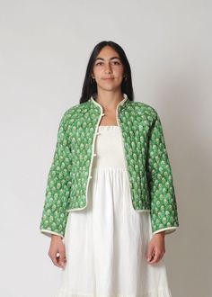 Conifer Reversible Quilted Jacket - Natural/Green Floral Print Reversible Quilted Jacket, Spring Cotton Quilted Jacket, Green Quilted Long Sleeve Jacket For Fall, Green Long Sleeve Quilted Jacket For Fall, Casual Green Quilted Fall Jacket, Casual Green Quilted Jacket For Fall, Green Quilted Cotton Jacket For Fall, Green Cotton Outerwear, Casual Green Quilted Jacket For Spring