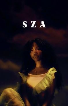 a woman in a yellow dress with the word sza above her head and behind her