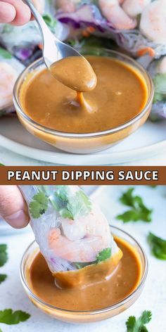 dipping sauce in a bowl with shrimp and cilantro garnish on top