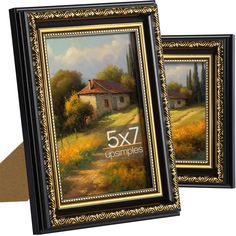 two framed paintings with the number five seven and an image of a farm house in the background