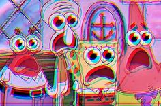 three cartoon characters are standing in front of each other with their mouths open and eyes wide open