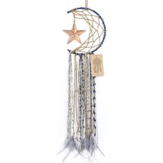 a star hanging from the side of a wall next to a dream catcher with beads