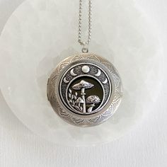 Extra Large Mushrooms and Moon Phase Locket Necklace, Silver Locket With Photos, Deep Locket, Oversized Locket, Cottagecore Jewelry - Etsy Bohemian Silver Locket Necklace With Round Pendant, Bohemian Medallion Locket Necklace, Bohemian Pendant Locket Necklace, Bohemian Silver Locket Necklace, Collectible Silver Metal Locket Necklace, Silver Bohemian Engraved Locket Necklace, Bohemian Metal Locket Necklace, Whimsical Locket Necklace, Bohemian Nickel-free Pendant Locket Necklace