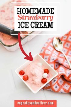 homemade strawberry ice cream in a square bowl with spoons and napkin on the side