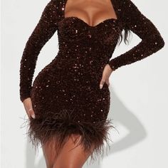 Long Sleeve Padded Bra Sweetheart Neckline Feather Trim Back Zipper Lined Dress For Your Birthday, Gold Dress Women, Semi Formal Dresses Black Women, Brown Dress Photoshoot, Fashion Nova Birthday Dress, Vegas Wedding Guest Dress, Brown Birthday Dress, 40th Birthday Dresses For Women, Fashion Nova Birthday Outfit