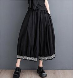 Women Loose Color Block Ruffled Wide Leg Pants Black Cotton Casual Culottes, Casual Black Cotton Culottes, Black Summer Culottes With Pockets, Black Cotton Wide Leg Culottes, Black Wide Leg Cotton Culottes, Black Ankle-length Cotton Harem Pants, Spring Black Ankle-length Wide Leg Pants, Black Wide Leg Summer Culottes, Black Wide Leg Culottes For Summer