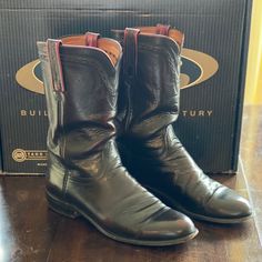 Euc Gorgeous Black Cherry Color Men's Lucchese Classic Cowboy With Kangaroo Lucchese Is Handmade In Texas Since 1883 Size 9d Western Black Boots With Vibram Sole, Black Western Boots With Vibram Sole, Classic Plain Toe Work Boots For Western-themed Events, Black Leather Work Boots For Rodeo, Formal Moc Toe Boots With Reinforced Toe, Black Moc Toe Boots For Rodeo, Western Moc Toe Business Boots, Western Moc Toe Boots For Business, Classic Black Snip Toe Work Boots