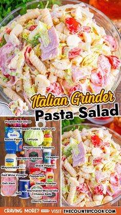 pasta salad in a glass bowl with the title italian grinder pasta salad